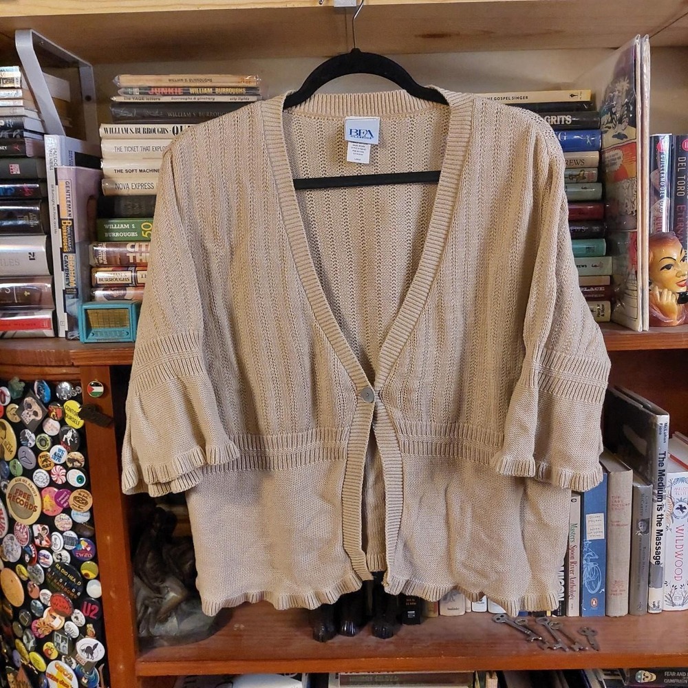 Vintage BFA Classics Tan Cotton Ruffle Cardigan Sweater Made in USA Large